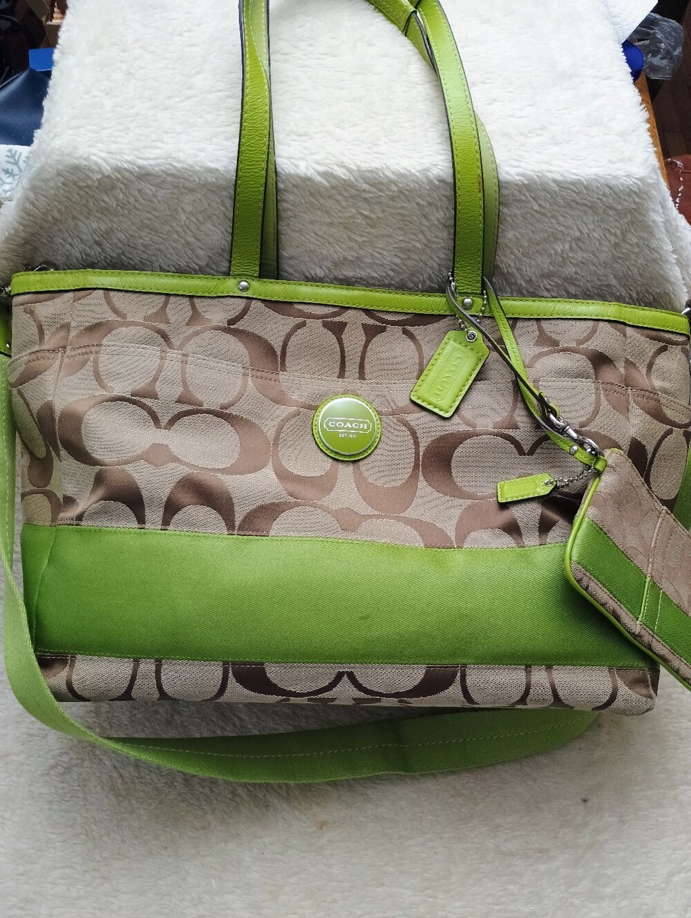 Coach Signature Multi-Function Tote Set w/ Matching Wristlet – Khaki & Lime Gree